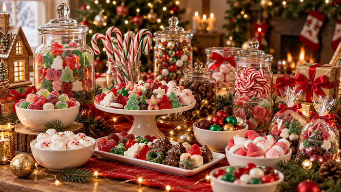Assortiment de bonbons de Noël rouges, blancs et festifs pour un candy bar ou un cadeau gourmand