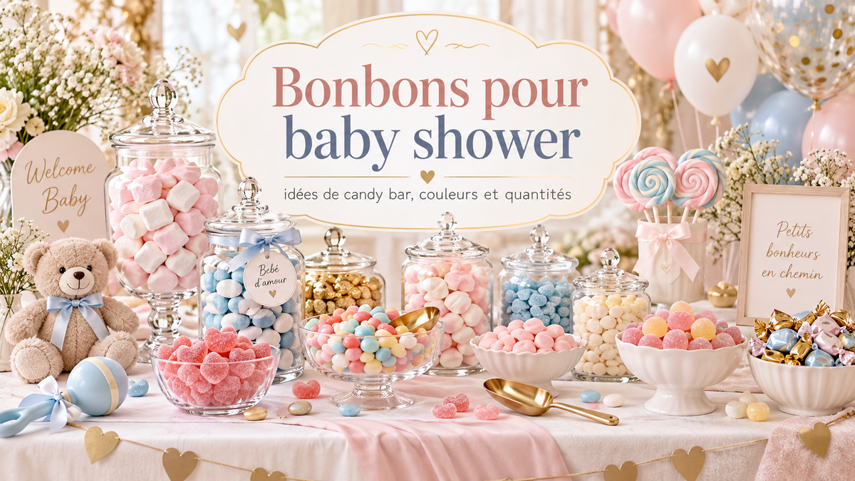 Candy bar de baby shower aux tons pastel avec bonbons, guimauves et décorations gourmandes