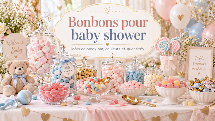 Candy bar de baby shower aux tons pastel avec bonbons, guimauves et décorations gourmandes