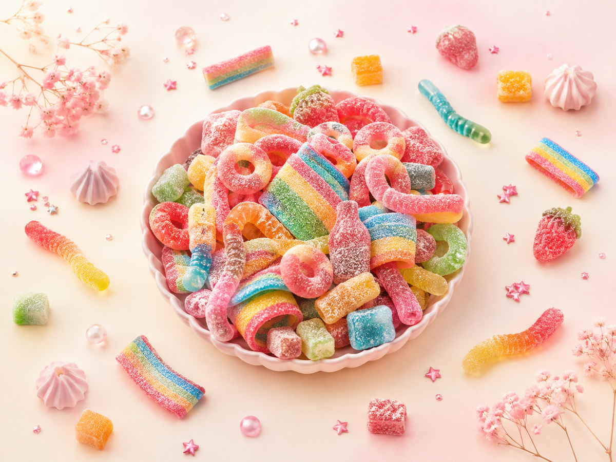 Assortiment de bonbons très acides avec rubans, anneaux et gummies acidulés