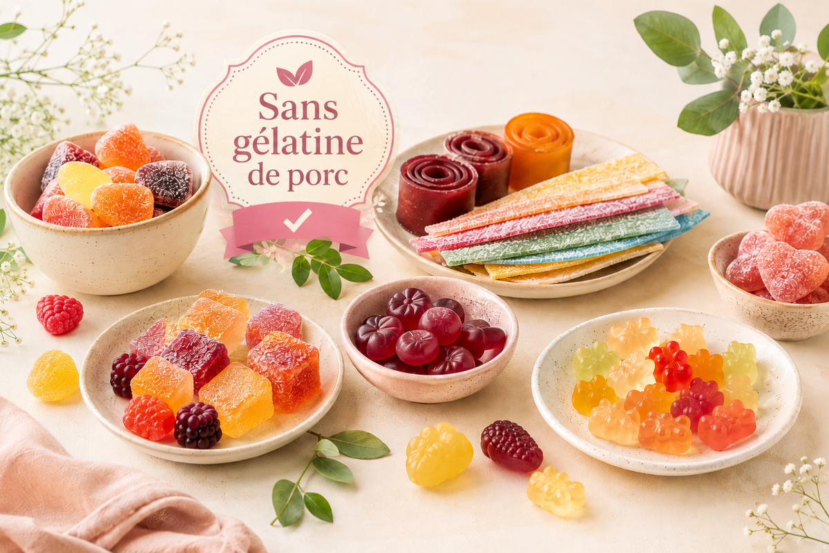 Sélection de bonbons sans gélatine de porc avec rubans acidulés et pâtes de fruits